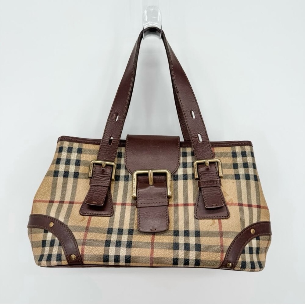 Burberry Bag Haymarket Nova Check Buckle Satchel Brown Leather Plaid